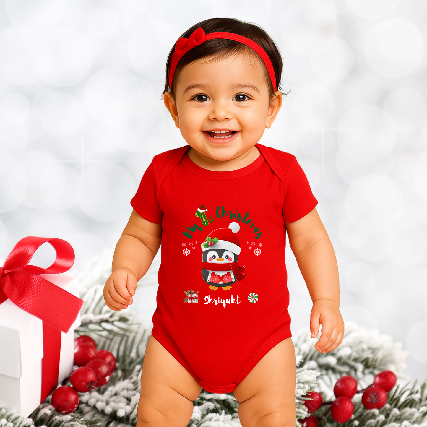 1st Christmas Penguin Romper | Personalize with Name | Red | Kids | Infant