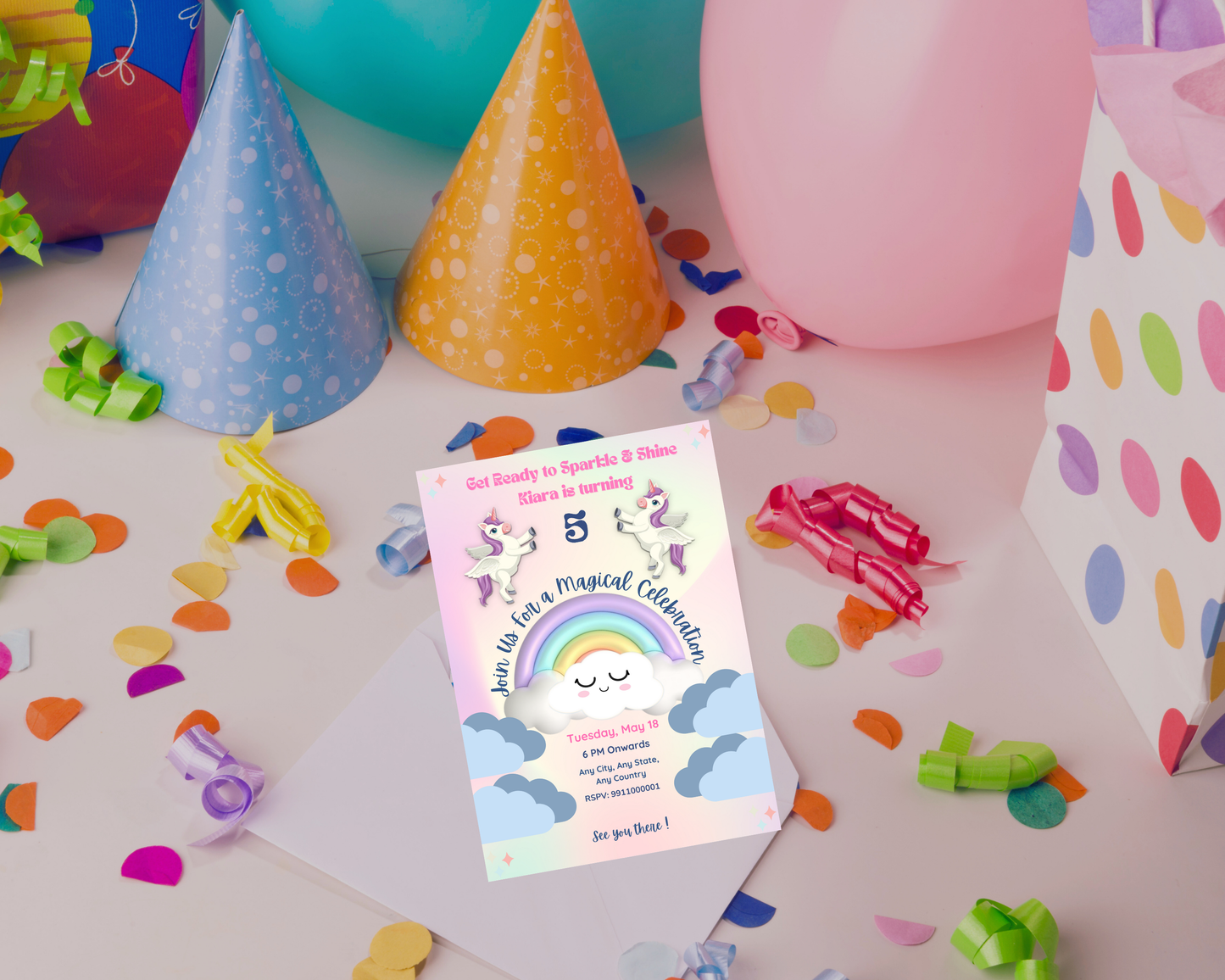 Unicorn Birthday Printable Invitation Card | 15 Cards Pack