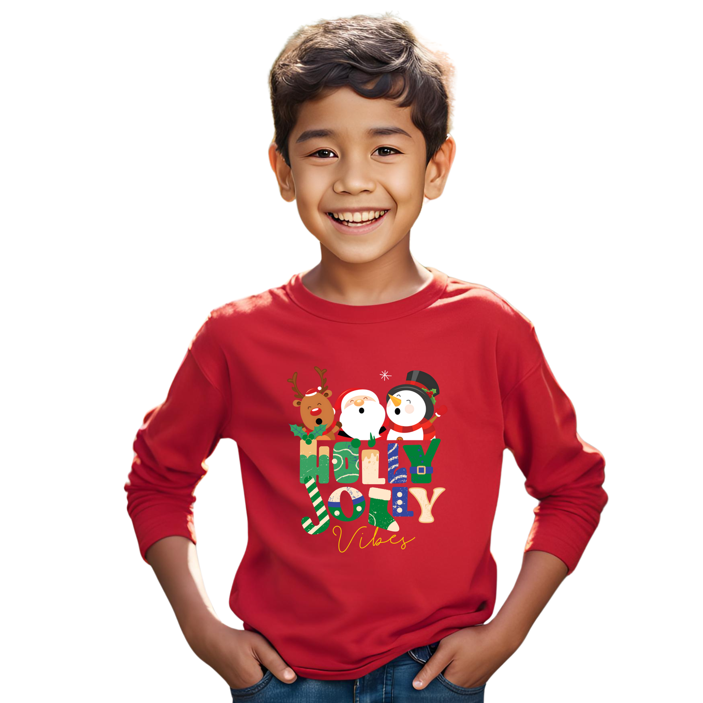 Holly Jolly Vibes Full Sleeves T-shirt | Red | Kids