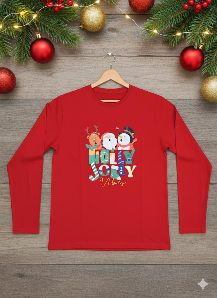 Holly Jolly Vibes Full Sleeves T-shirt | Red | Women | Men