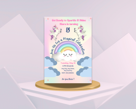 Unicorn Birthday Printable Invitation Card | 15 Cards Pack