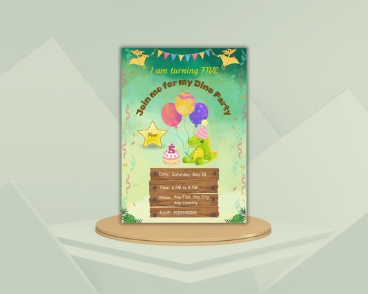 Cute Dinosaur Birthday Printable Invitation Card | 15 Cards Pack