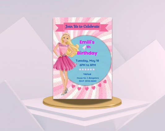Pretty Doll Birthday Printable Invitation Card | 15 Cards Pack