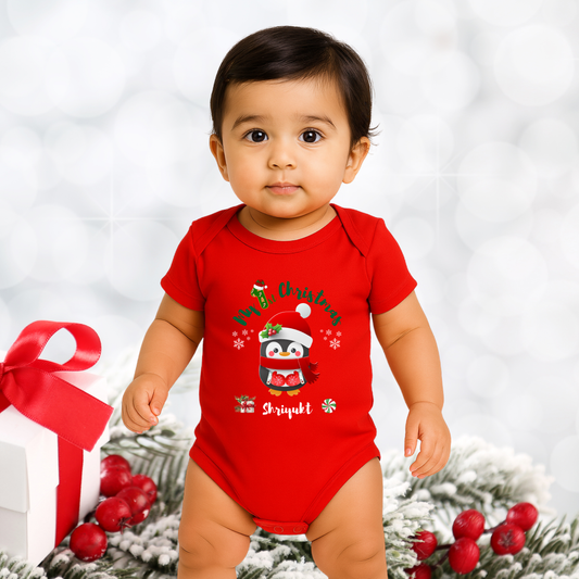 1st Christmas Penguin Romper | Personalize with Name | Red | Kids | Infant