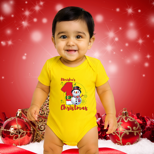 1st Christmas Snowman Romper | Personalize with Name | Yellow | Kids | Infant