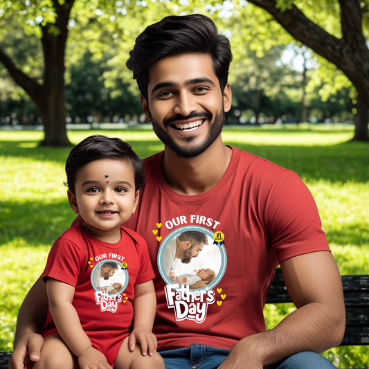 First Father's Day Personalized with Image T-shirt & Romper | Red | Men | Women | Kid