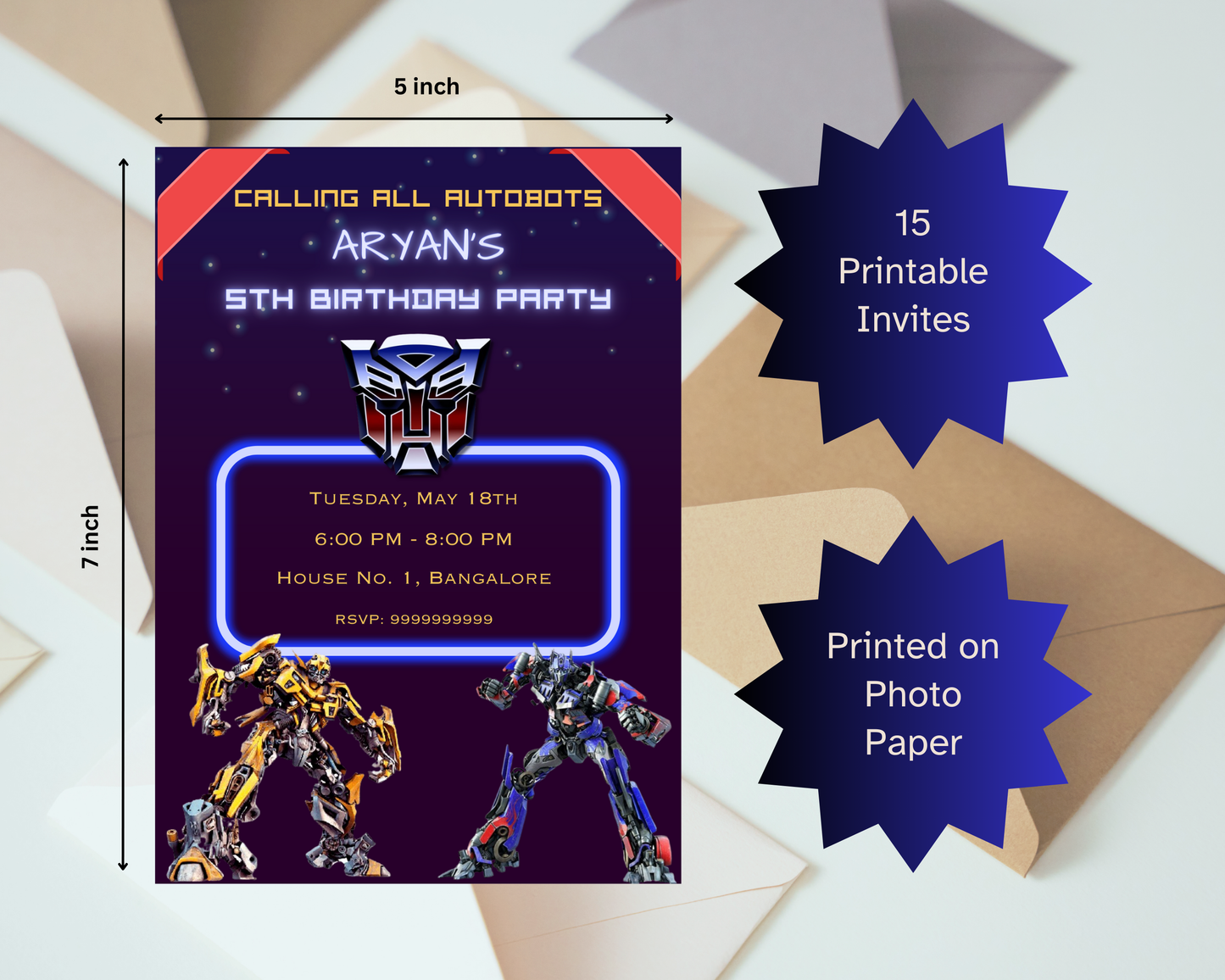 Robotic Birthday Printable Invitation Card | 15 Cards Pack