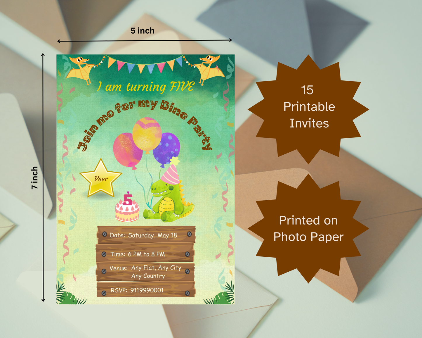 Cute Dinosaur Birthday Printable Invitation Card | 15 Cards Pack