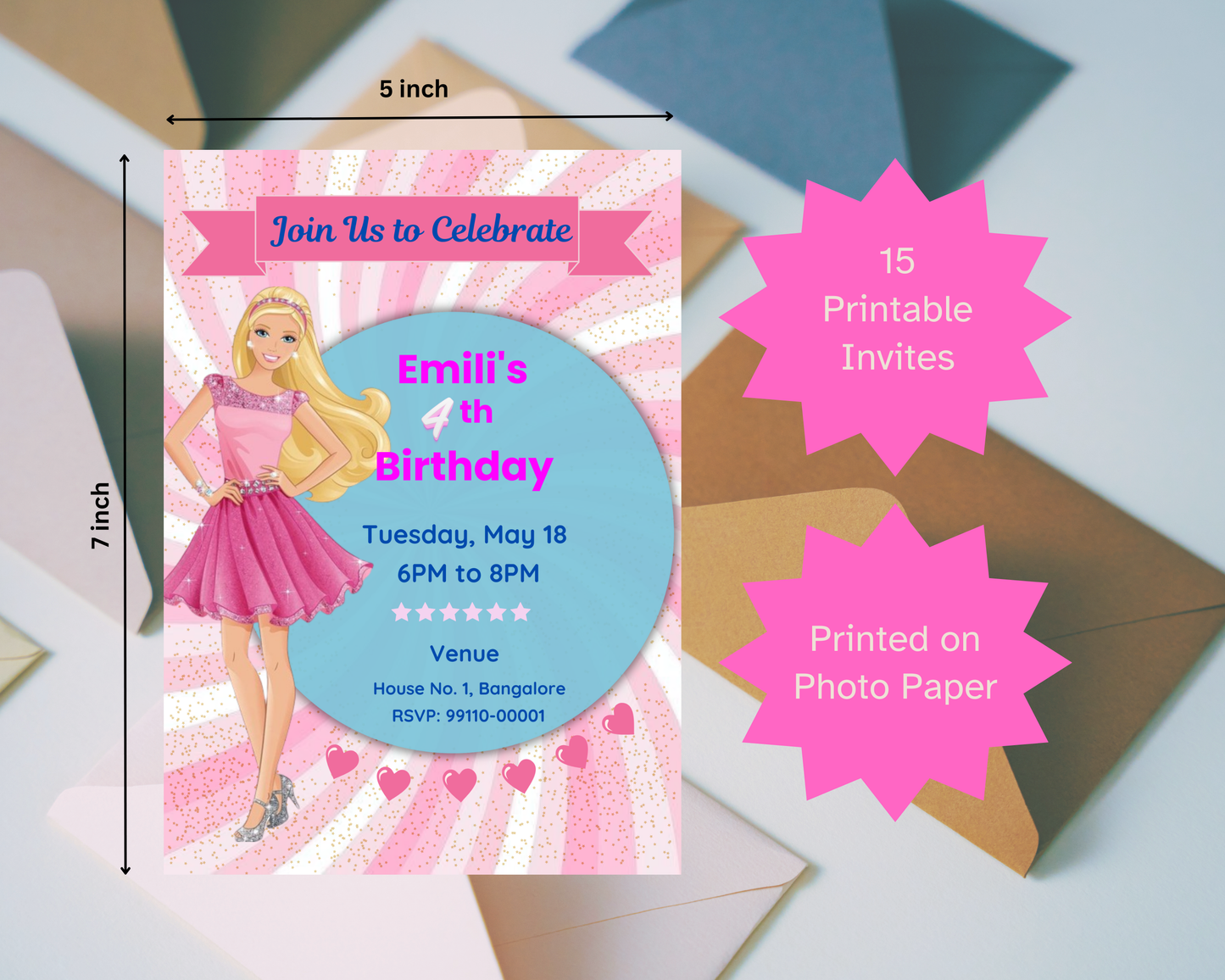 Pretty Doll Birthday Printable Invitation Card | 15 Cards Pack