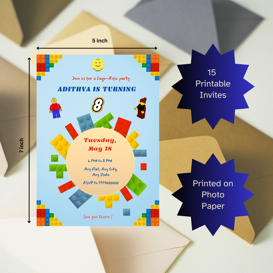 Building Blocks Birthday Printable Invitation Card | 15 Cards Pack