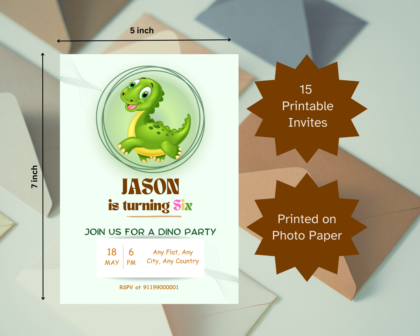 Rotating Dinosaur Birthday Printable Invitation Card | 15 Cards Pack