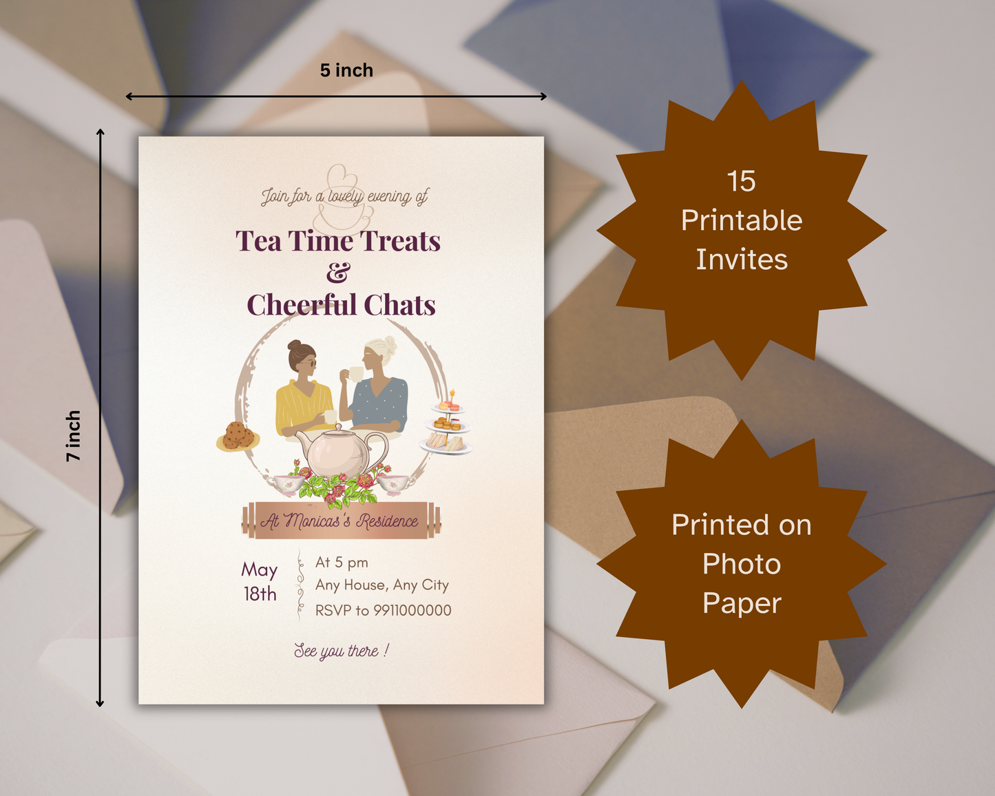 Tea Party Printable Invitation Card | 15 Cards Pack