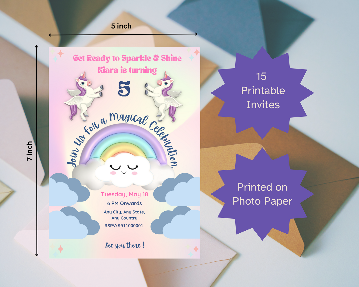 Unicorn Birthday Printable Invitation Card | 15 Cards Pack