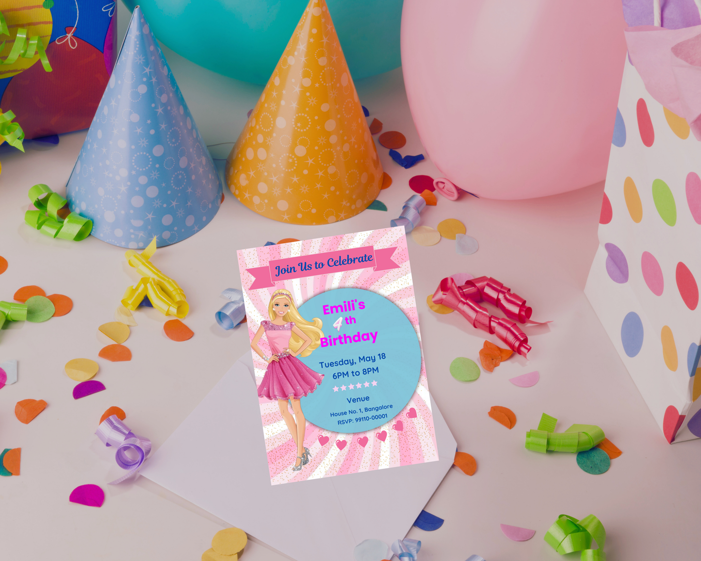 Pretty Doll Birthday Printable Invitation Card | 15 Cards Pack