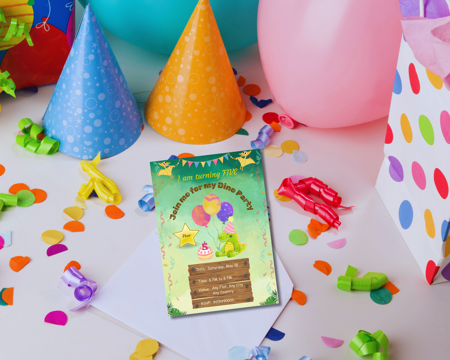 Cute Dinosaur Birthday Printable Invitation Card | 15 Cards Pack