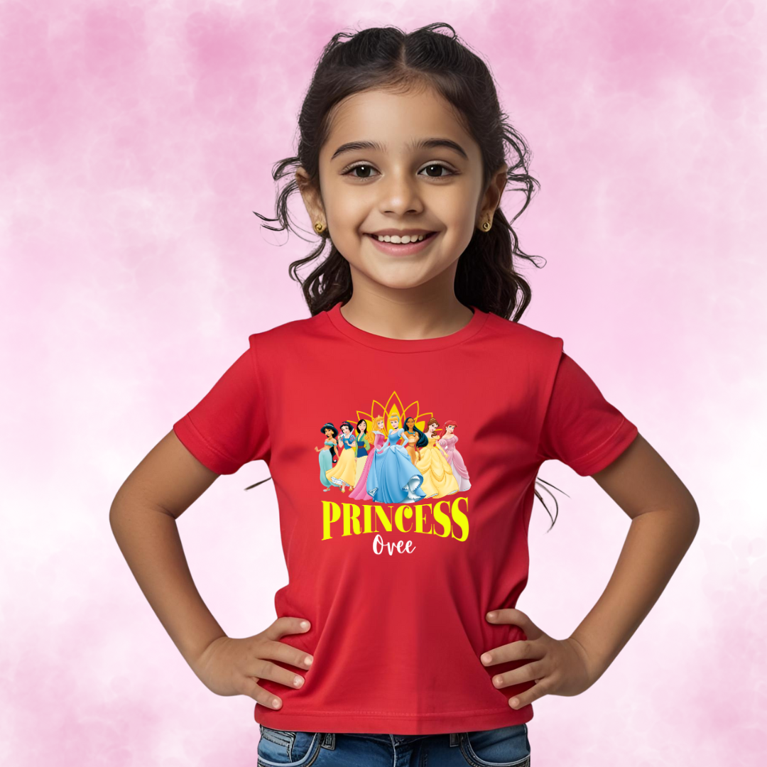 Young girl wearing all Disney Princesses design Red Cotton T-shirt - Design Pixies