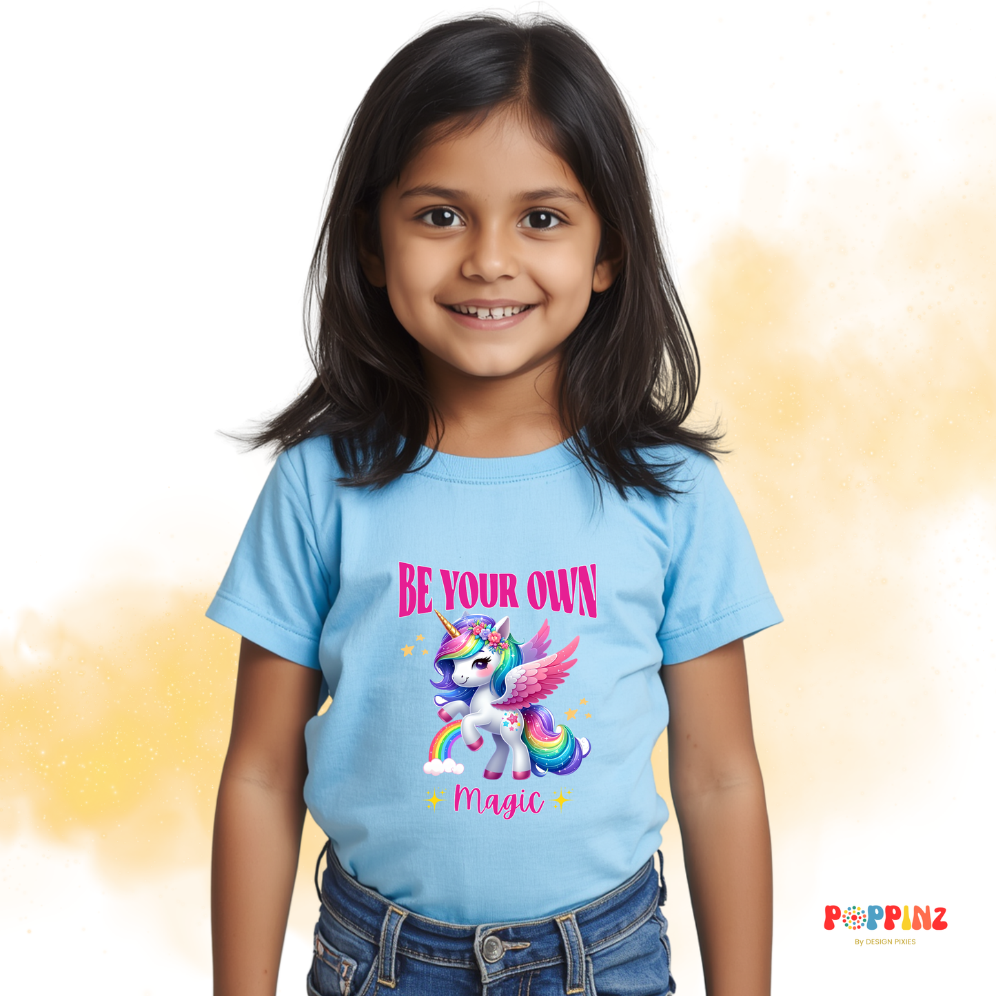 Kids Unicorn Be Your Own Magic T-shirt - Cotton T-shirt - Pink & Blue - Girls