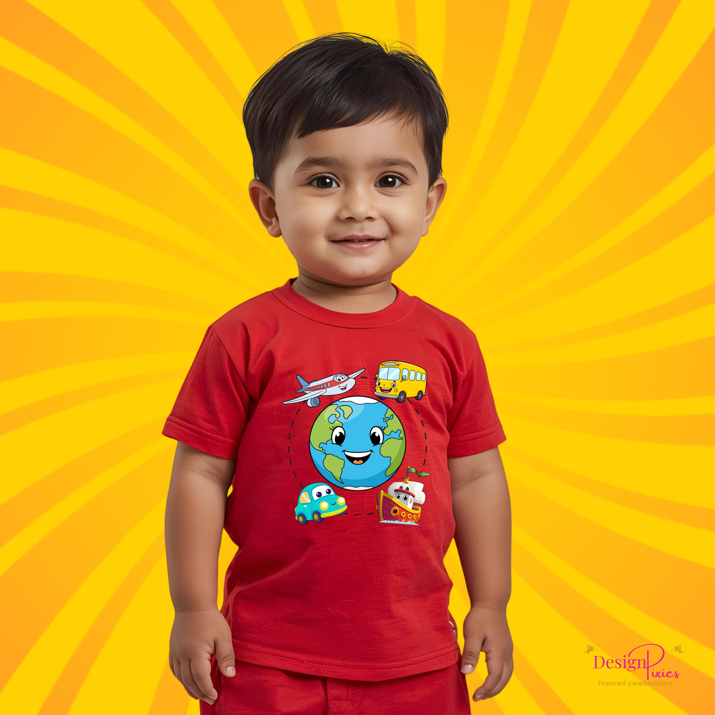 Vehicles around Globe T-shirt | Red | Boys | Girls