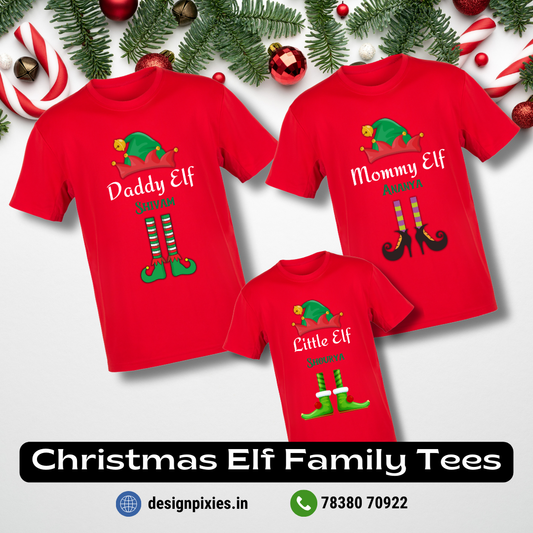 Little Elf Christmas Elf Family T-shirt | Personalize with Names | Red | Men | Women | Kids