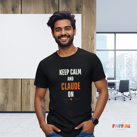 Man wearing black Keep Calm and Claude On AI tech t-shirt
