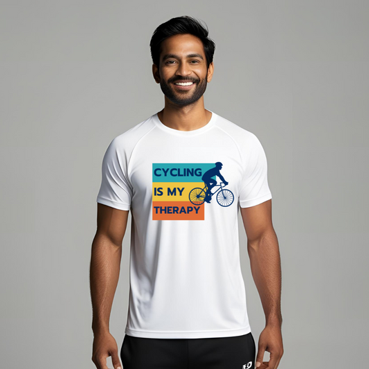Cycling is my therapy | Personalized with Name | Front & Back print | Activewear Polyester Tshirt | White | Men | Women