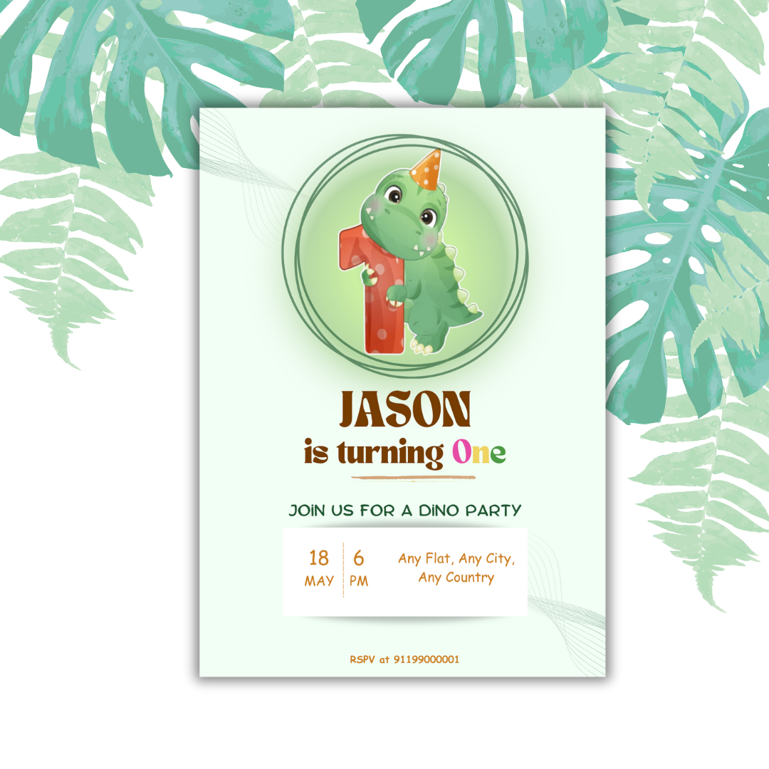 Dinosaur 1st Birthday Printable Invitation Card | 15 Cards Pack