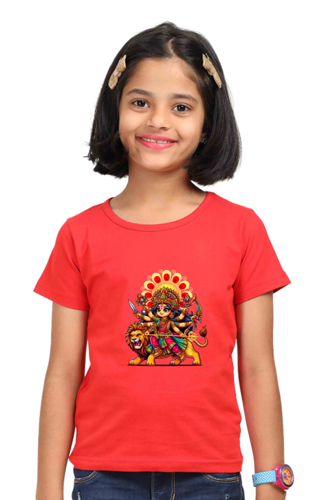 Girl wearing a Red cotton tshirt showing goddess Durga ma and her lion - Design Pixies 