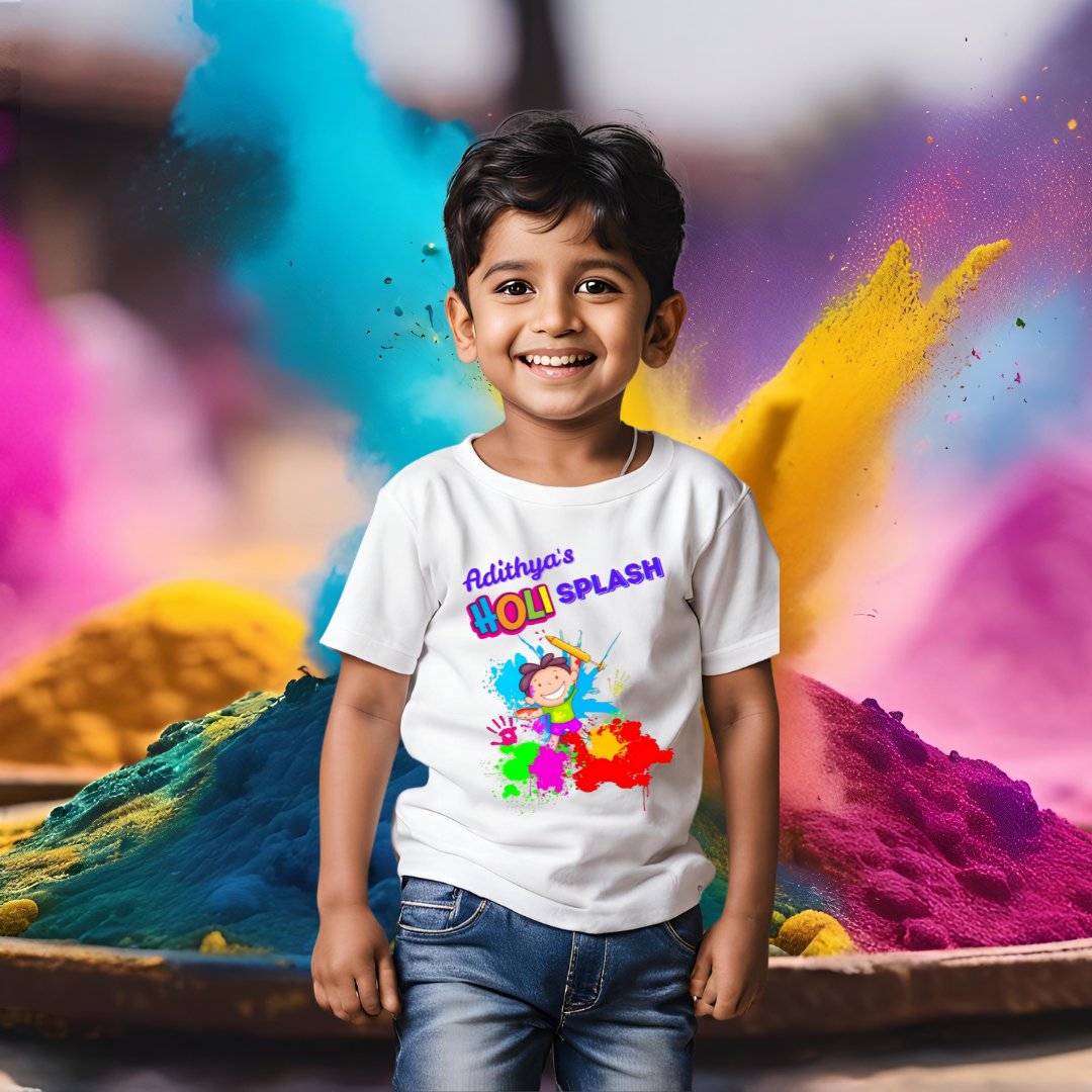 Holi Splash | Personalised with Name | White | Kids | Boys