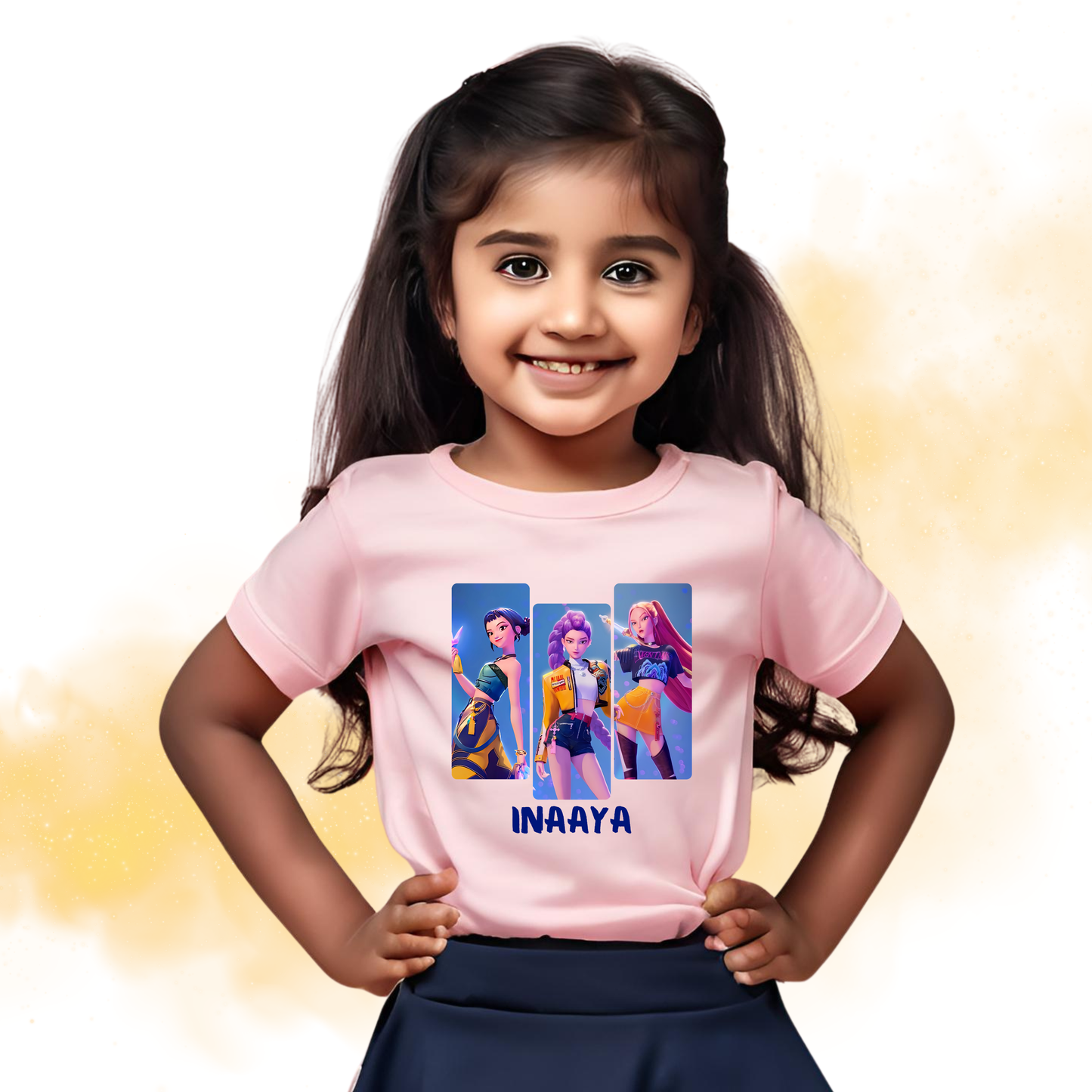 Girl wearing a pink K Pop Demon Hunters Huntrix themed cotton tshirt, featuring Rumi, Zoey and Mira - Personalized with a name - Design Pixies  