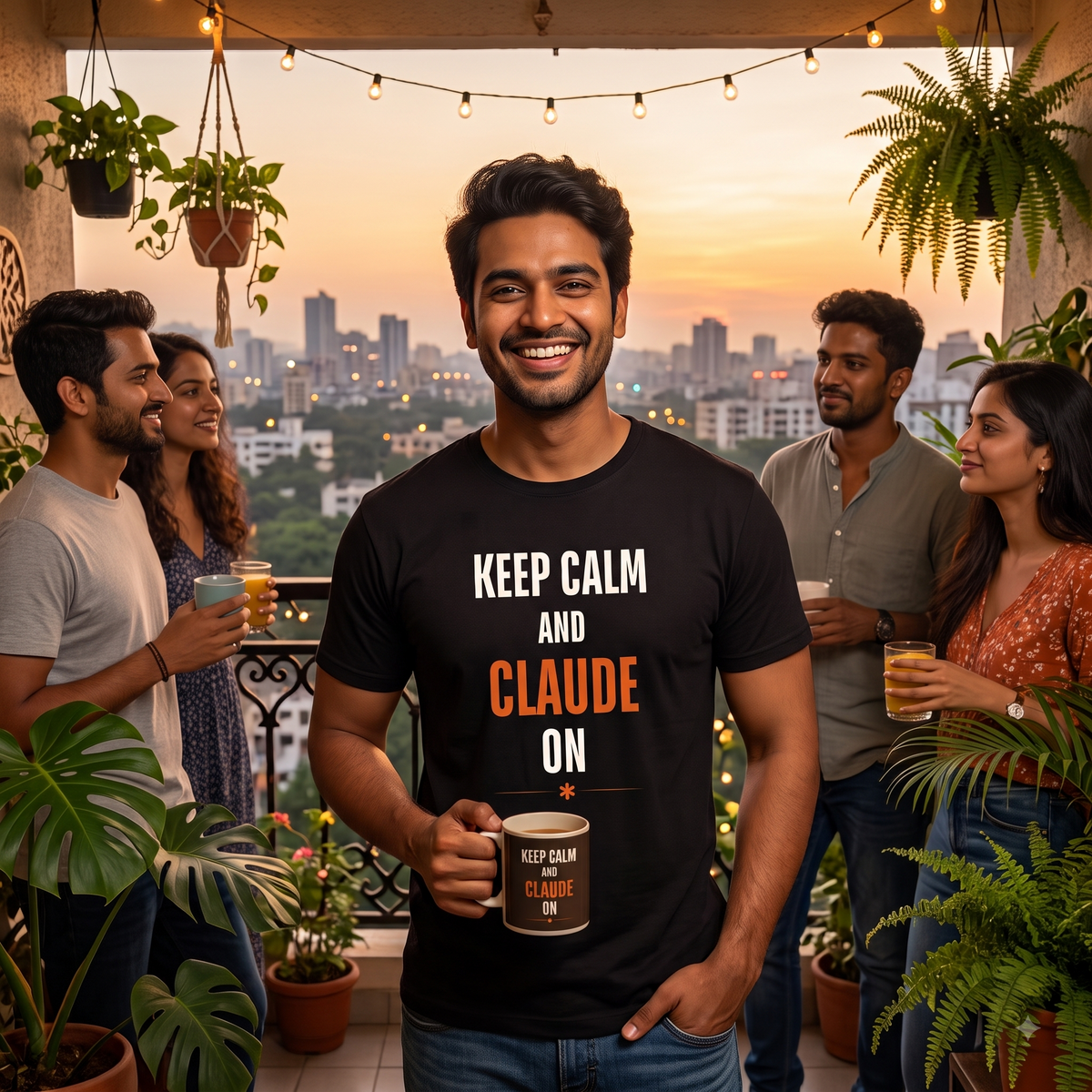 Man wearing black Keep Calm and Claude On AI tech t-shirt in a gathering with friends