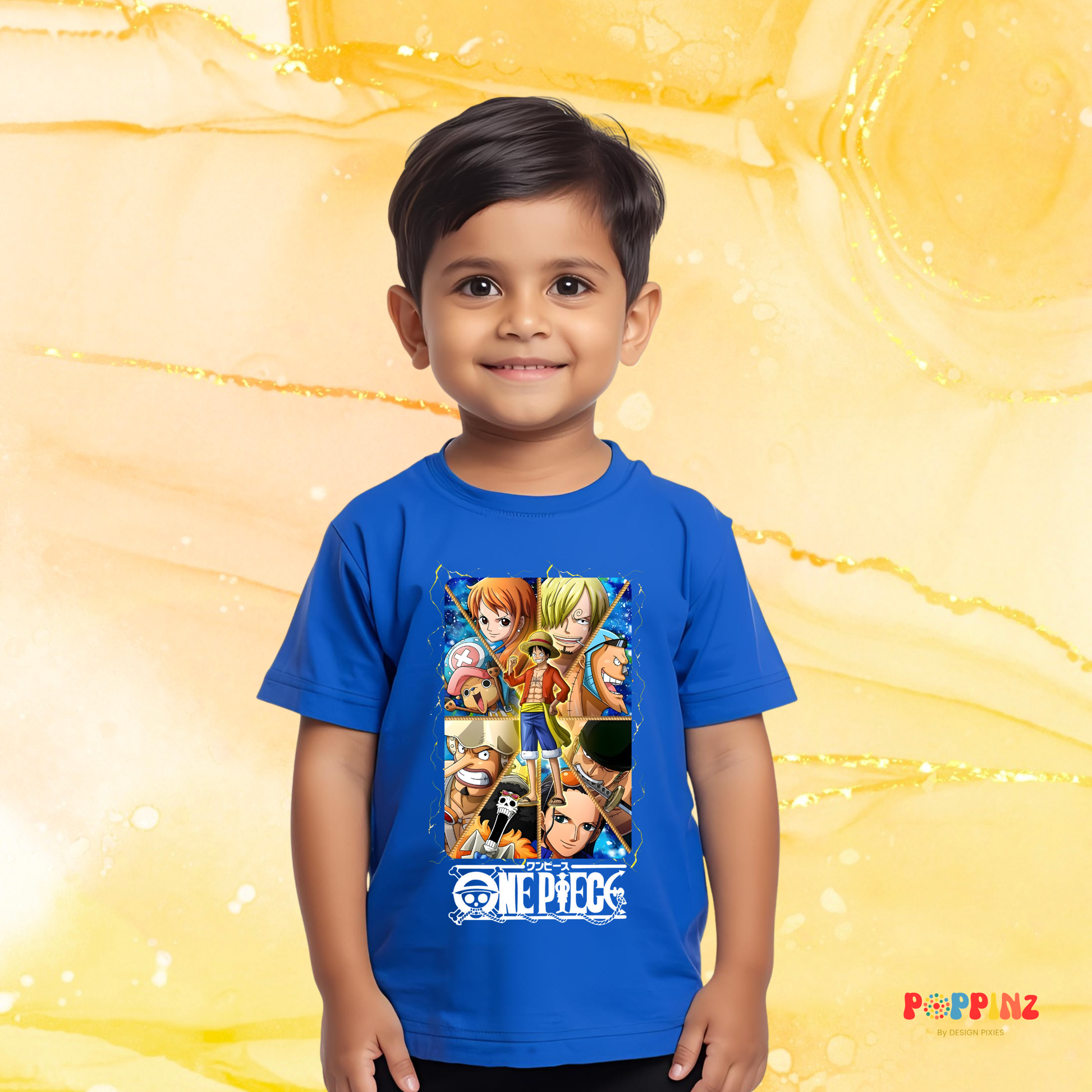 Child wearing a Royal Blue One Piece Anime tshirt featuring Luffy, Zoro, Nami, Sanji, Chopper and the Straw Hat crew - Design Pixies 
