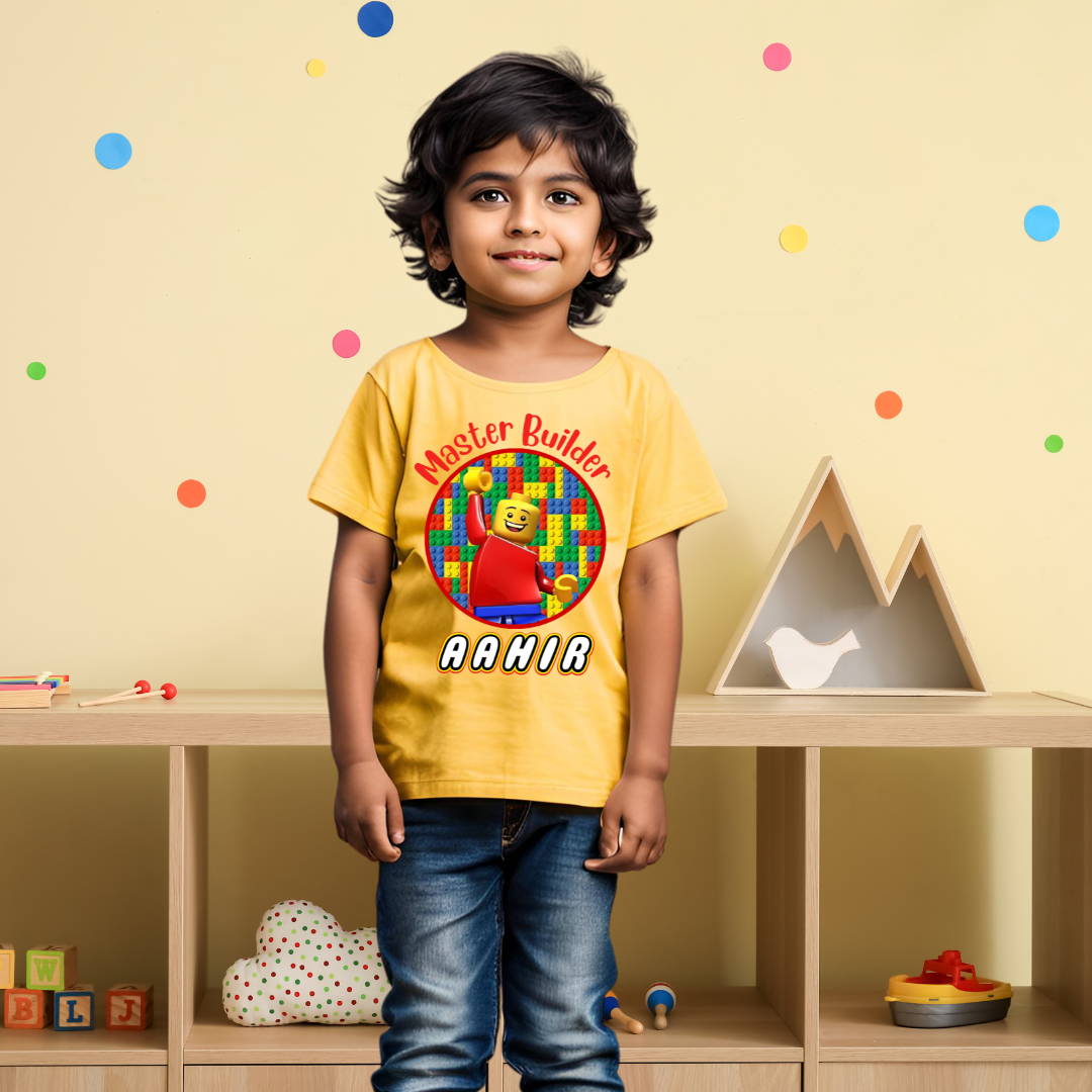 Master Builder T-shirt | Personalize with Name | Yellow | Kids | Boys