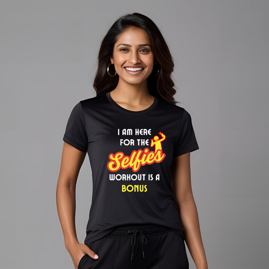 I am here for Selfie | Personalized with Name | Front & Back Print | Activewear Polyester Tshirt | Black | Men | Women
