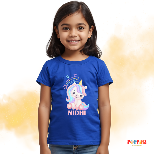 Kids Unicorn T-shirt - Personalize with Name - Cotton T-shirt - Blue - Girls