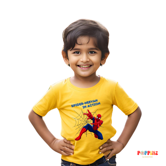 Spiderman in Action T-shirt | Personalize with Name | Yellow | Boys | Girls | For Spiderman Fans