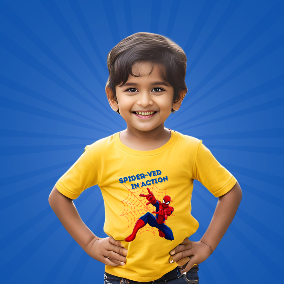 Spiderman in Action T-shirt | Personalize with Name | Yellow | Boys