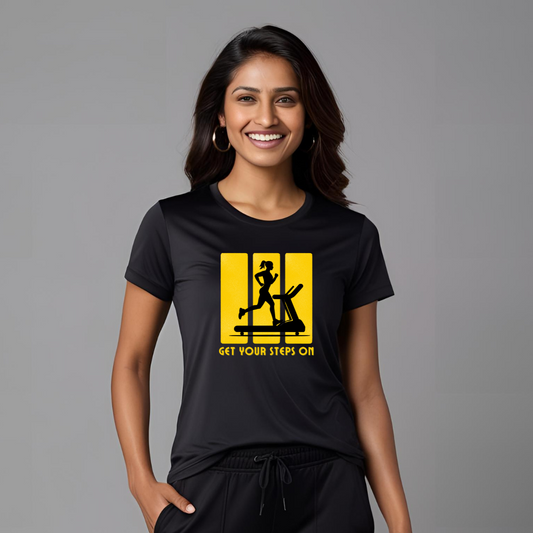 Get your steps on | Activewear Polyester Tshirt | Black | Women