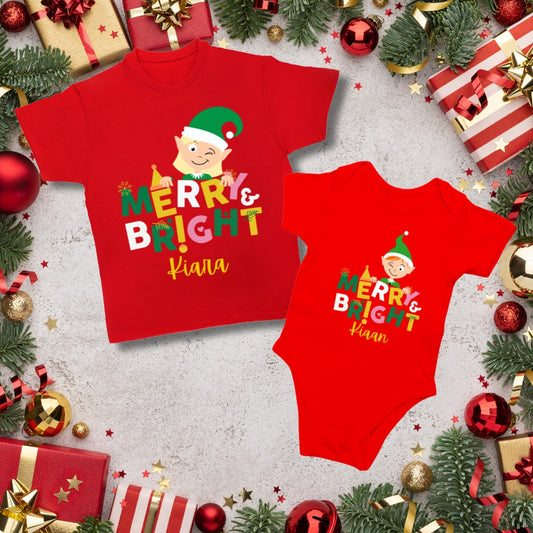 Kids Christmas Twinning T-shirt | Merry&Bright | Red | Boys | Girls | Pack of 2 t-shirts