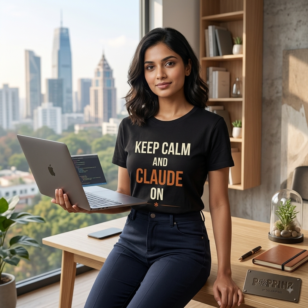 Woman holding laptop wearing black Keep Calm and Claude On AI tech t-shirt
