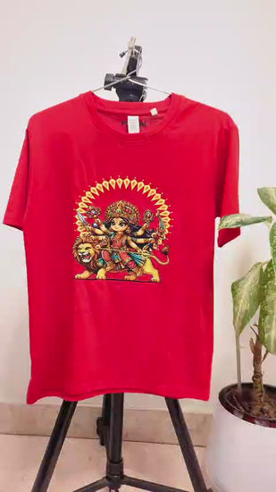 Vidoe of a Red cotton tshirt showing goddess Durga ma and her lion - Design Pixies 
