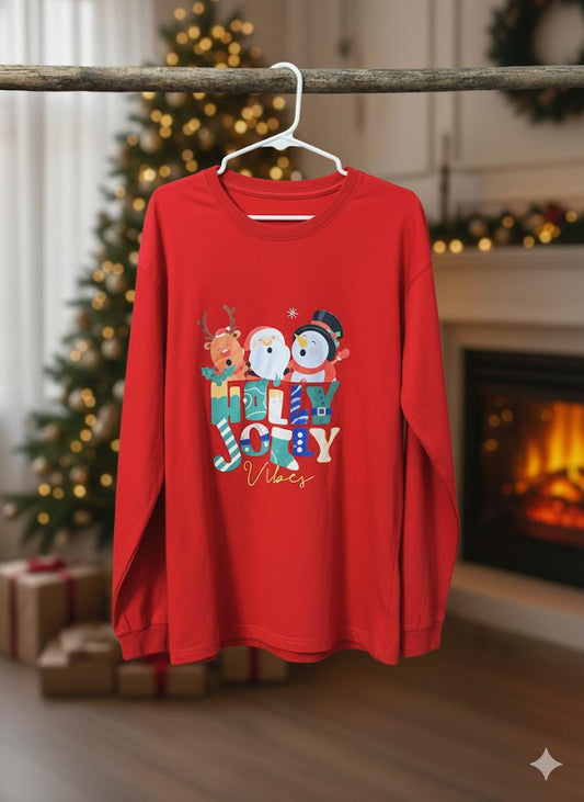 Holly Jolly Vibes Full Sleeves T-shirt | Red | Women | Men